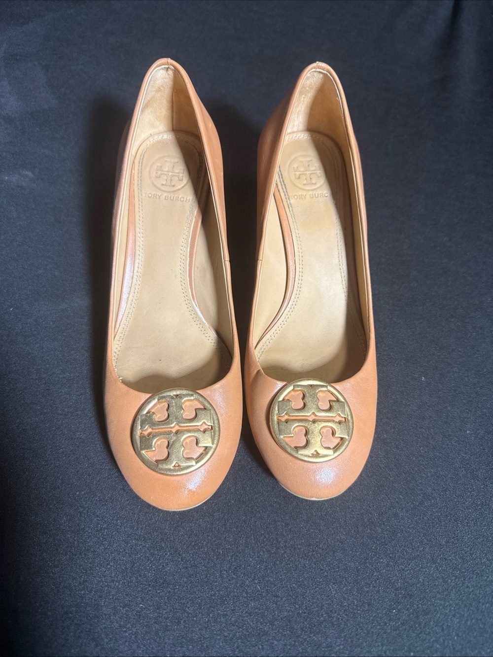 Tory Burch Cognac Leather Logo Ballet Flats
